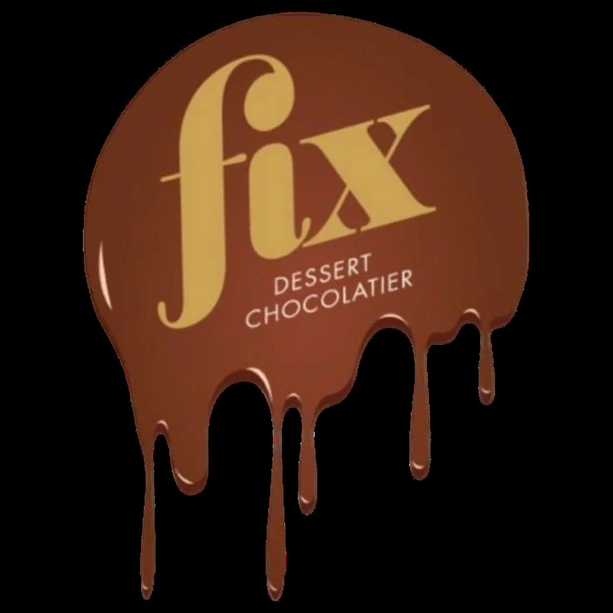 Fox Dessert Chocolatier logo with melting chocolate drip effect on brown background